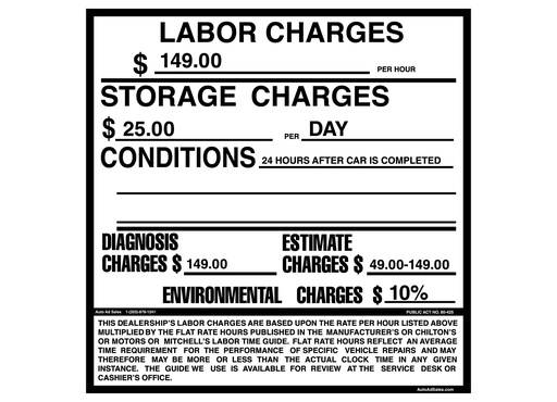 Motor Vehicle Labor Rate Signs